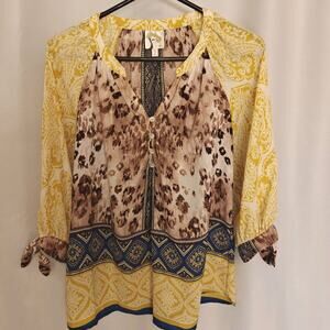 Anthropologie FIG & FLOWER Women S Peasant Blouse Boho Top Tunic Tie Sleeves